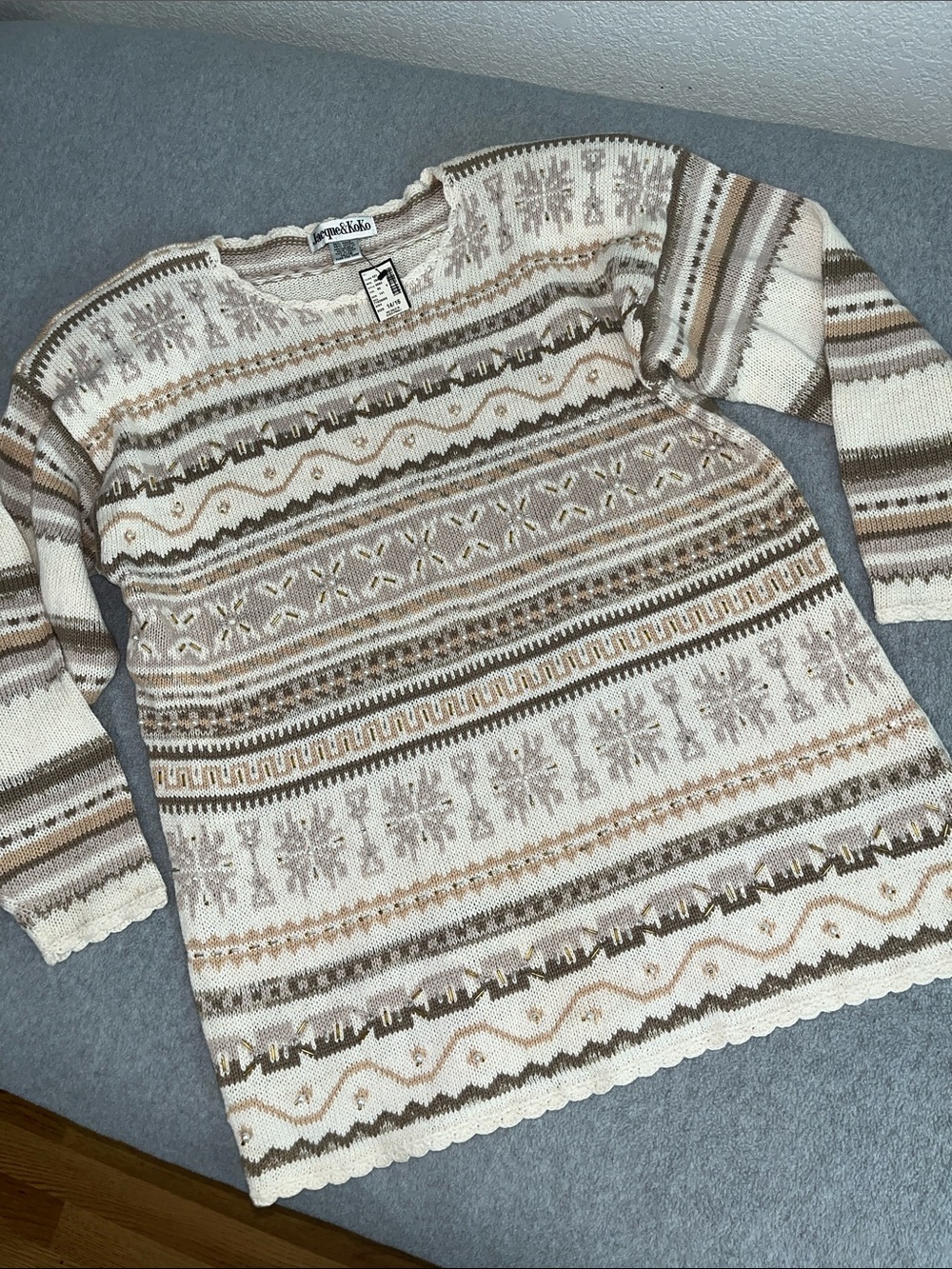 Vintage 90s Beaded Tunic Sweater Large Grandma Cottage Y2K Fair Isle